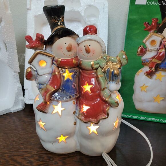 Lighted Snowman Accent Light Decor Couple JC Penny Home Collection Porcelain - Picture 5 of 14